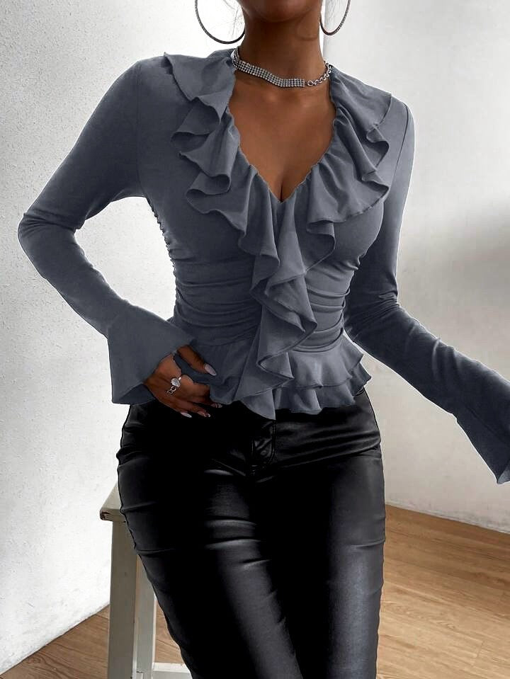 Grey Ruffle Trim Flounce Sleeve Ruched Tee