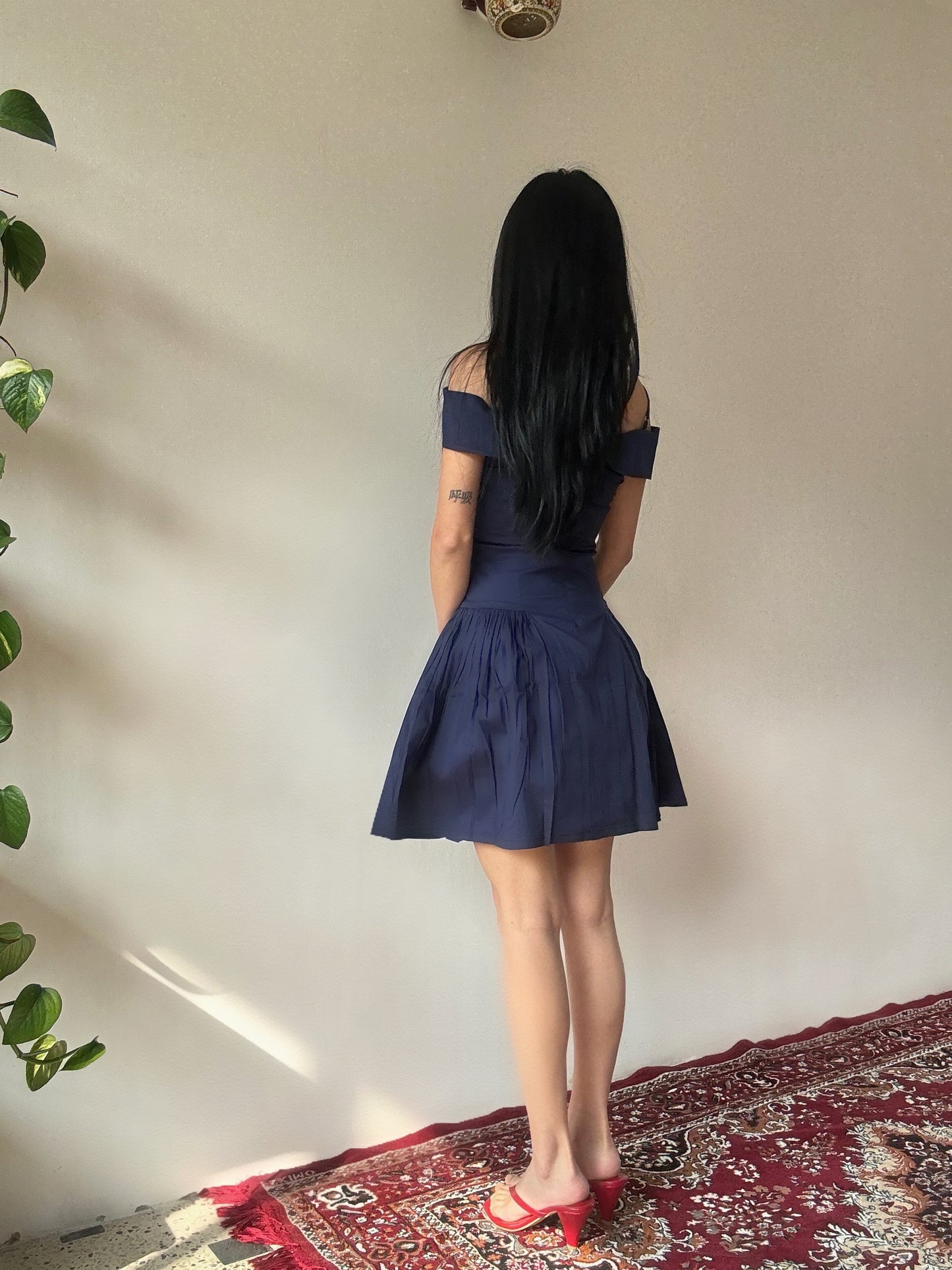 Elida French Navy Off Shoulder Mini Dress