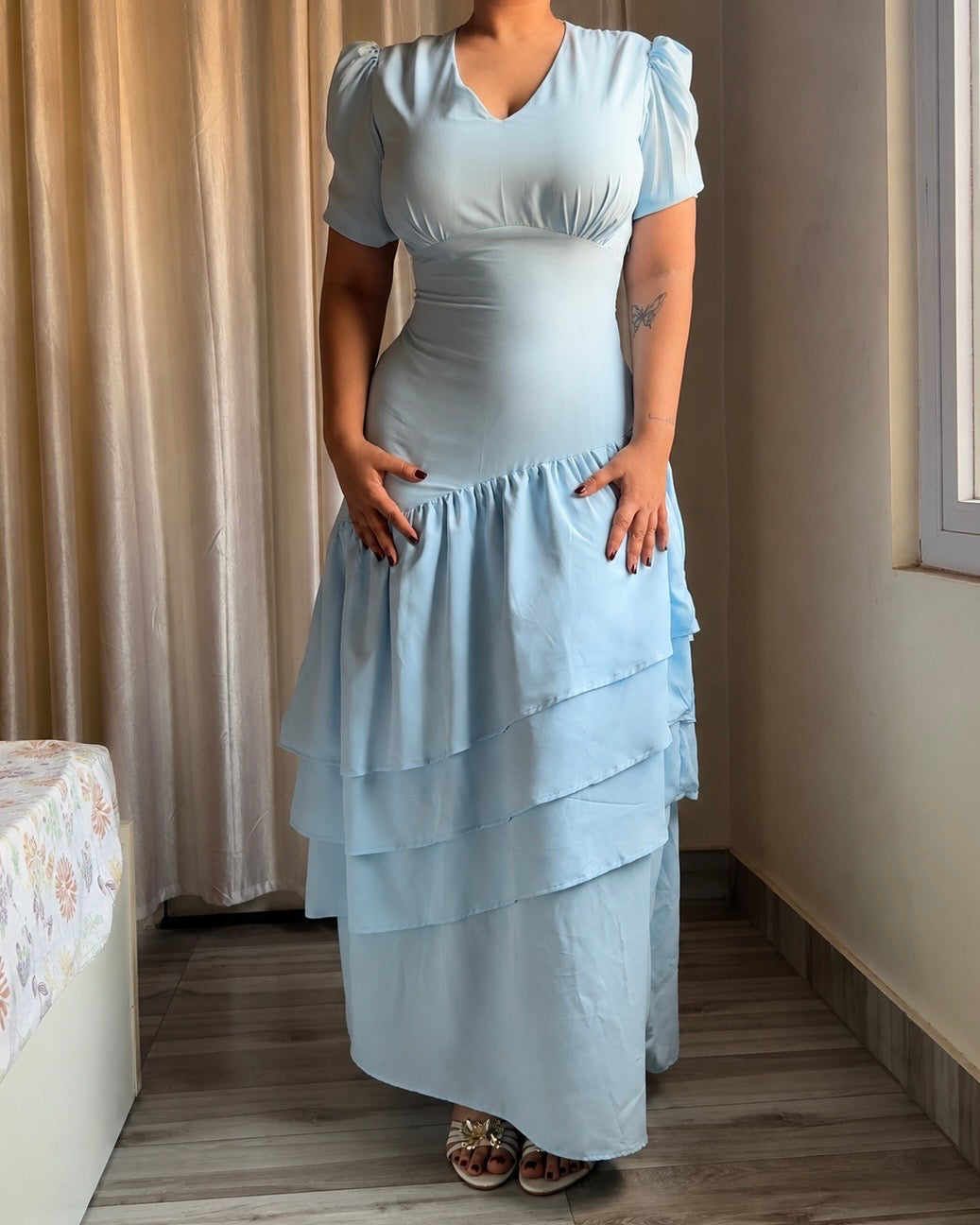 Senorita Powder Blue Ruffle Maxi Dress