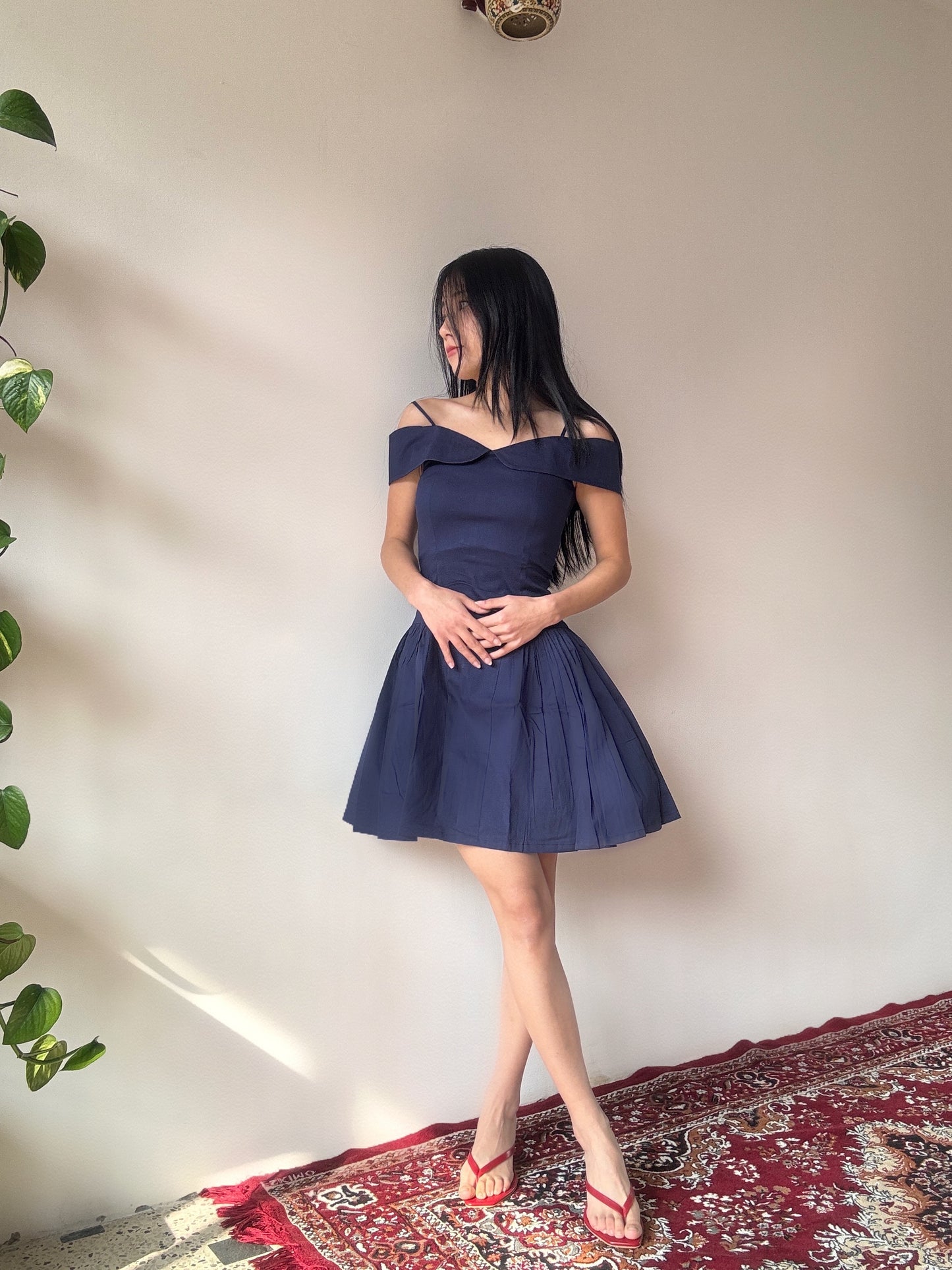 Elida French Navy Off Shoulder Mini Dress