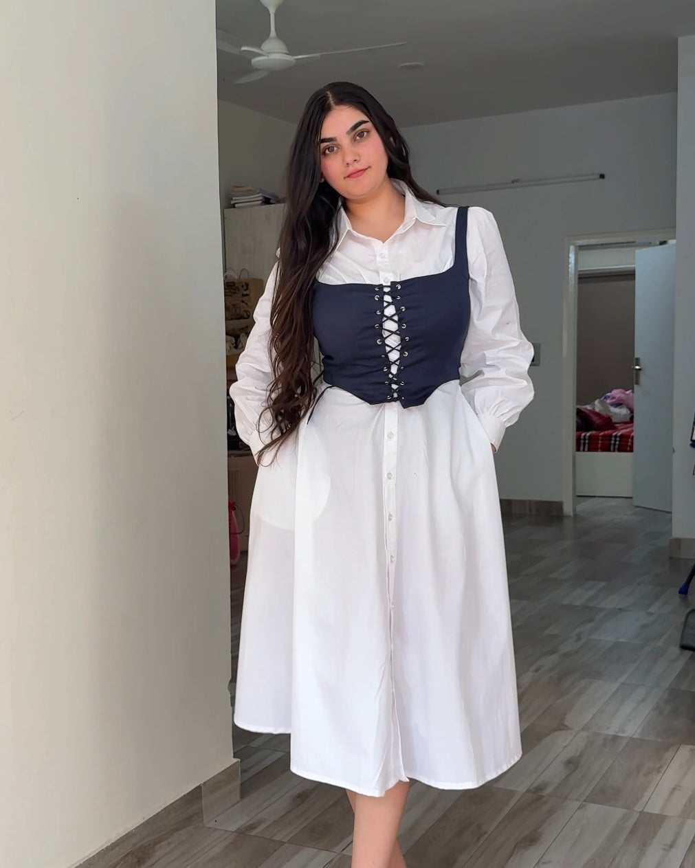Luma White Cotton Corset Shirt Dress