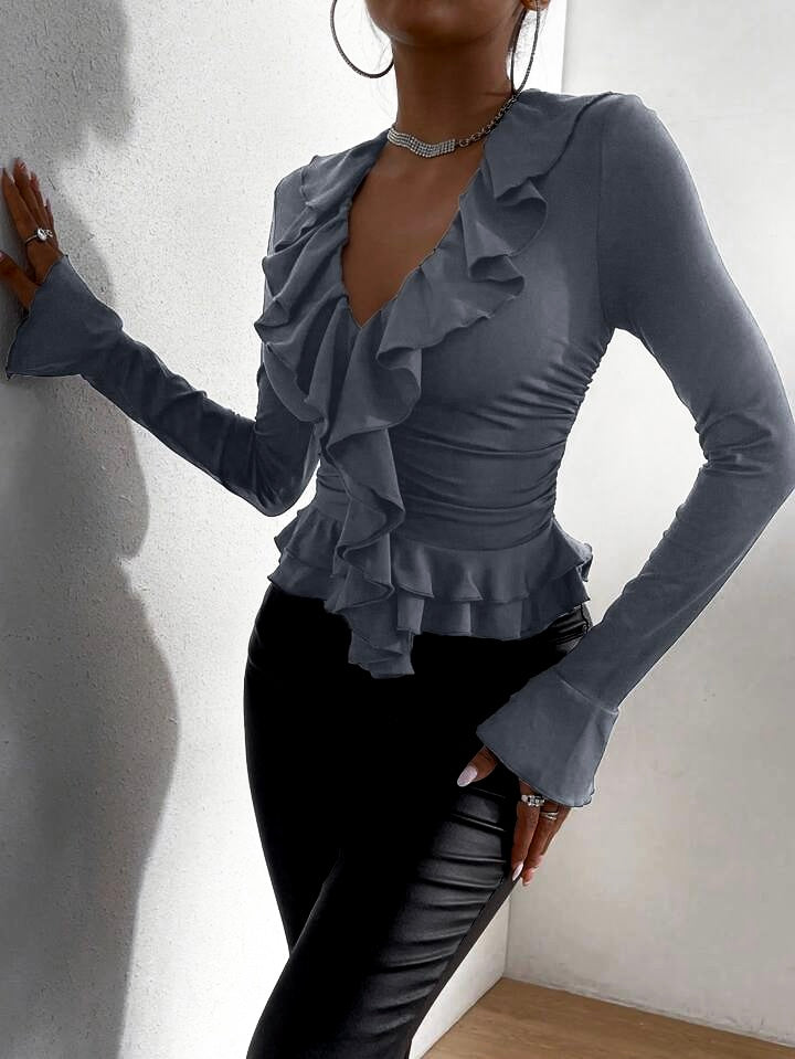 Grey Ruffle Trim Flounce Sleeve Ruched Tee