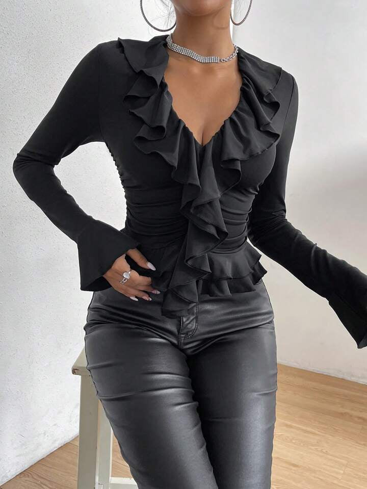 Black Ruffle Trim Flounce Sleeve Ruched Tee