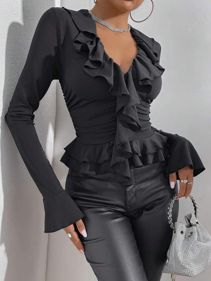 Black Ruffle Trim Flounce Sleeve Ruched Tee
