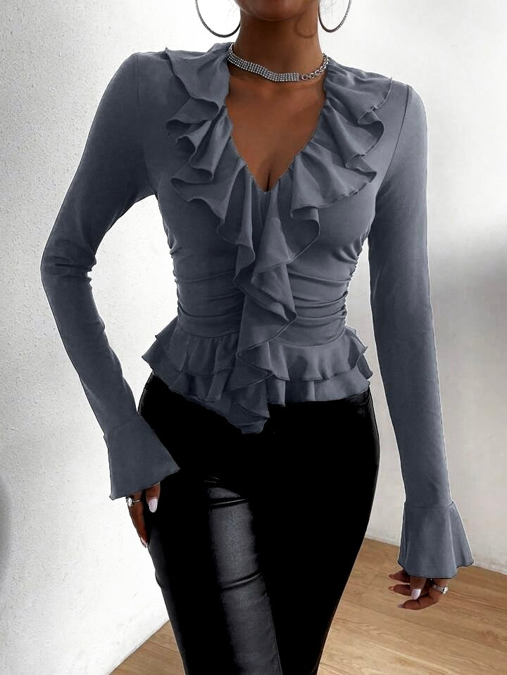 Grey Ruffle Trim Flounce Sleeve Ruched Tee