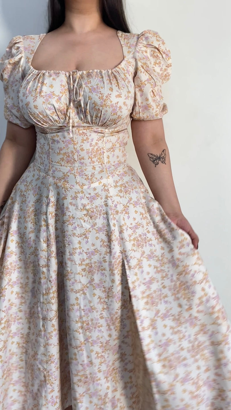 Tallulah Ivory Floral Print Puff Sleeves Midi Sundress