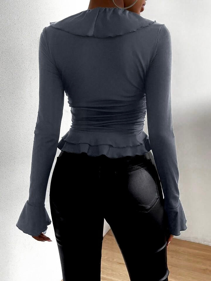 Grey Ruffle Trim Flounce Sleeve Ruched Tee