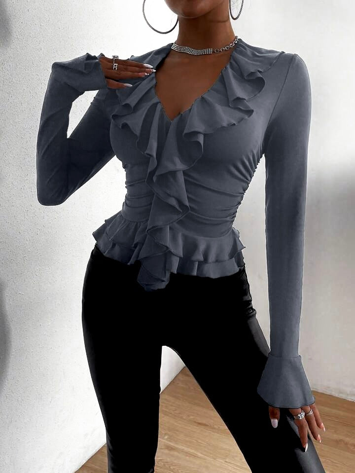 Grey Ruffle Trim Flounce Sleeve Ruched Tee