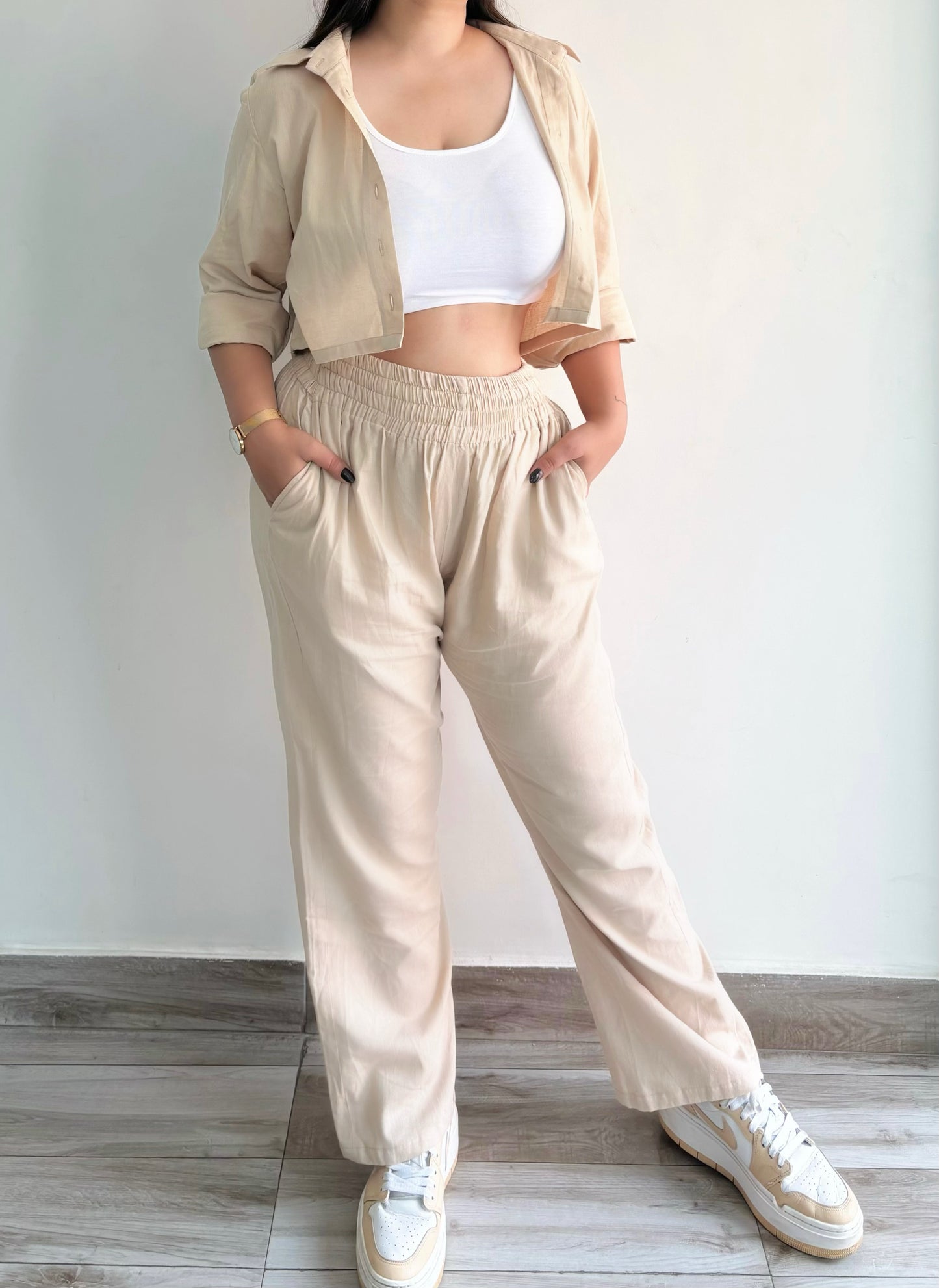 3 Piece Beige Cropped Casual Set