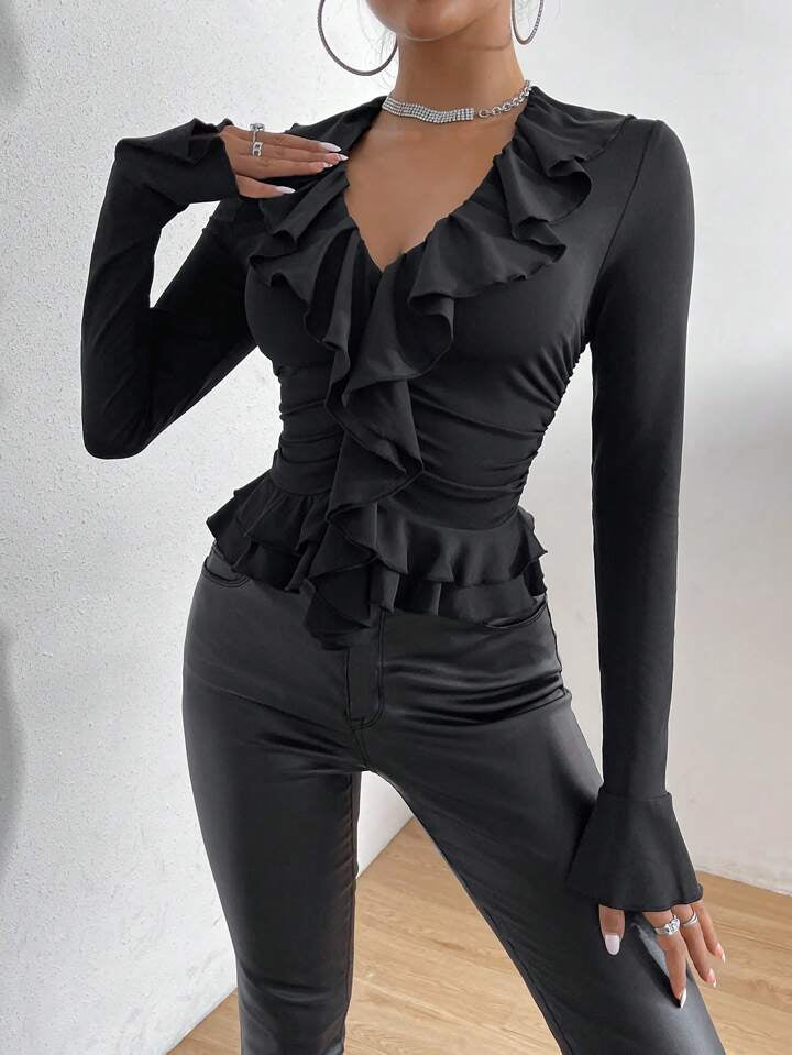 Black Ruffle Trim Flounce Sleeve Ruched Tee