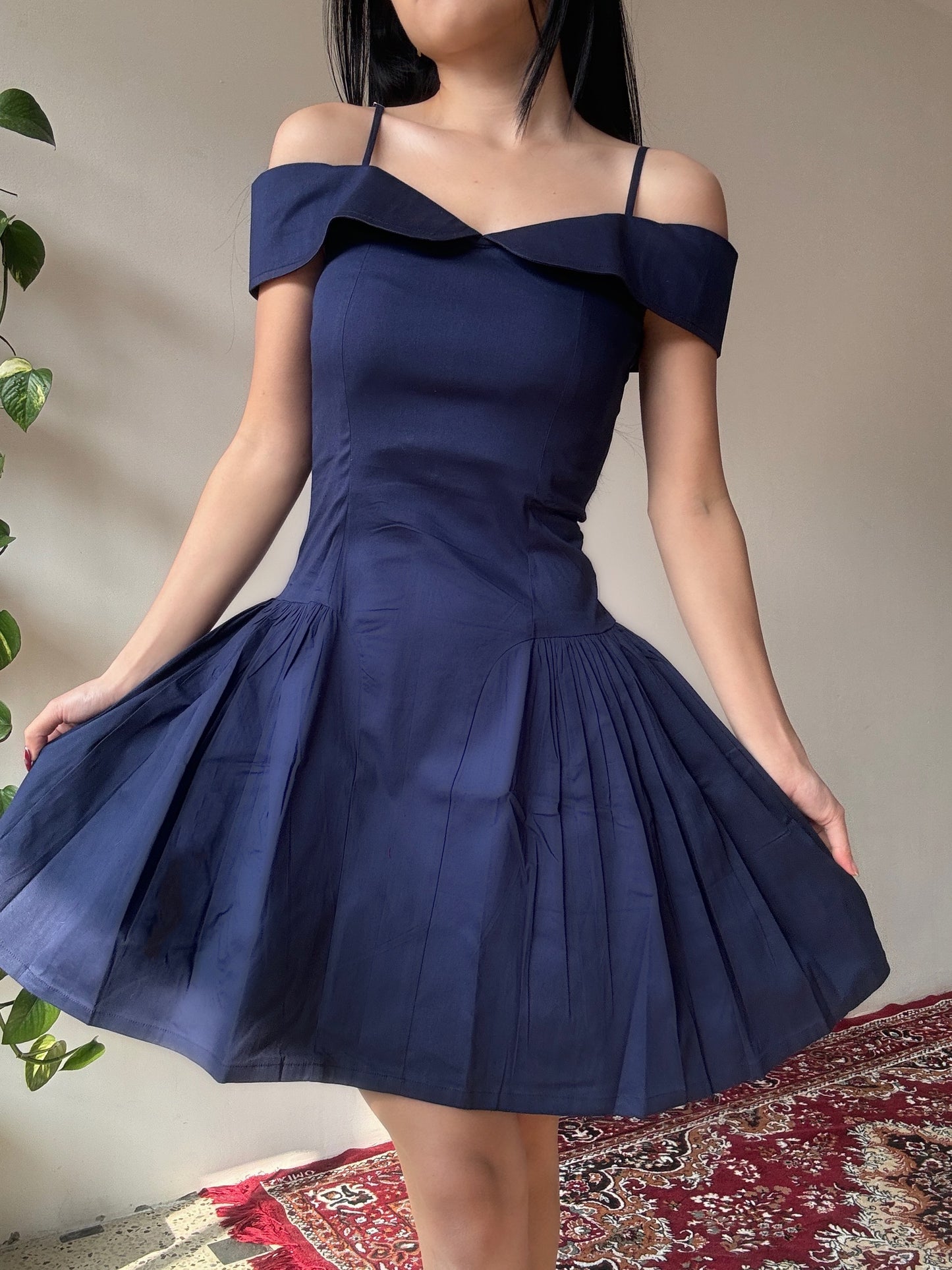 Elida French Navy Off Shoulder Mini Dress
