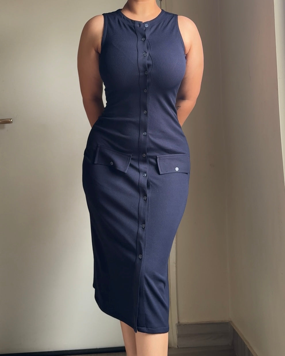 The Classic Navy Button Down Midi Dress