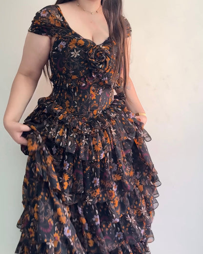Midnight Bloom Ruffle Gown