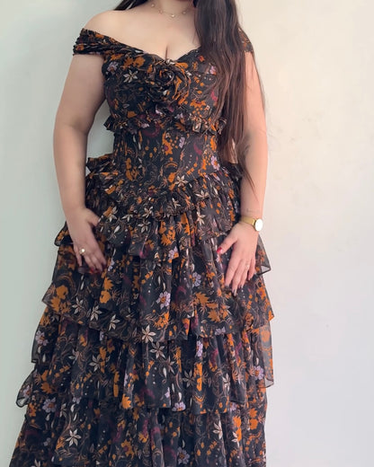 Midnight Bloom Ruffle Gown