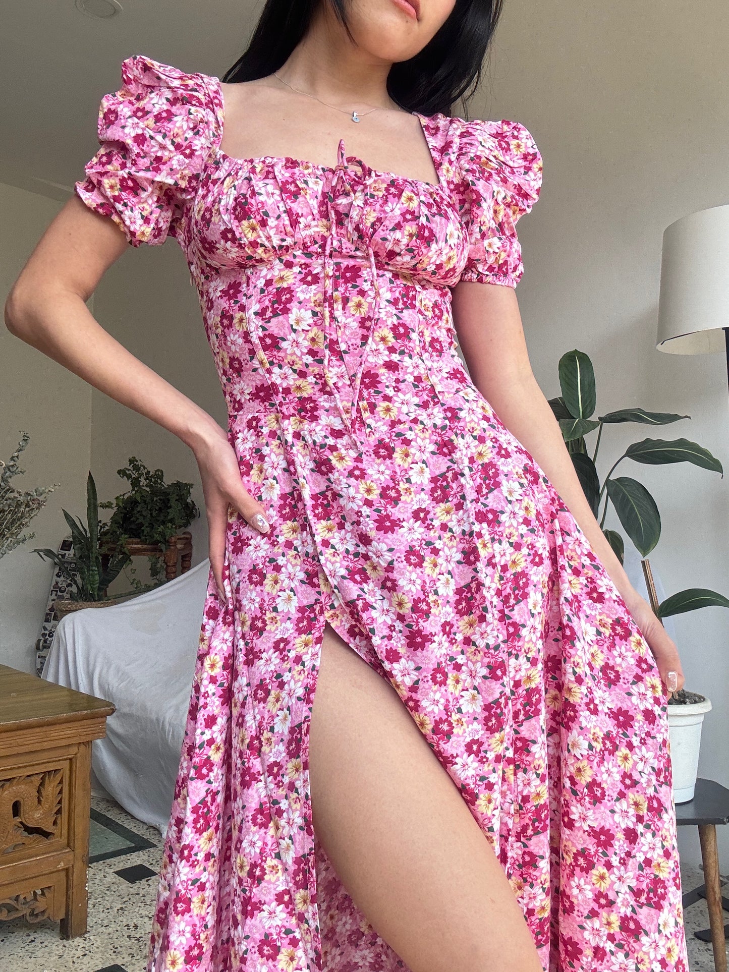 Tallulah Pink Floral Print Puff Sleeves Midi Sundress