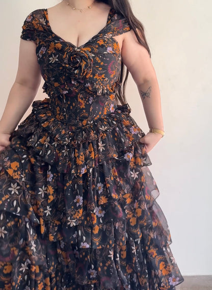 Midnight Bloom Ruffle Gown
