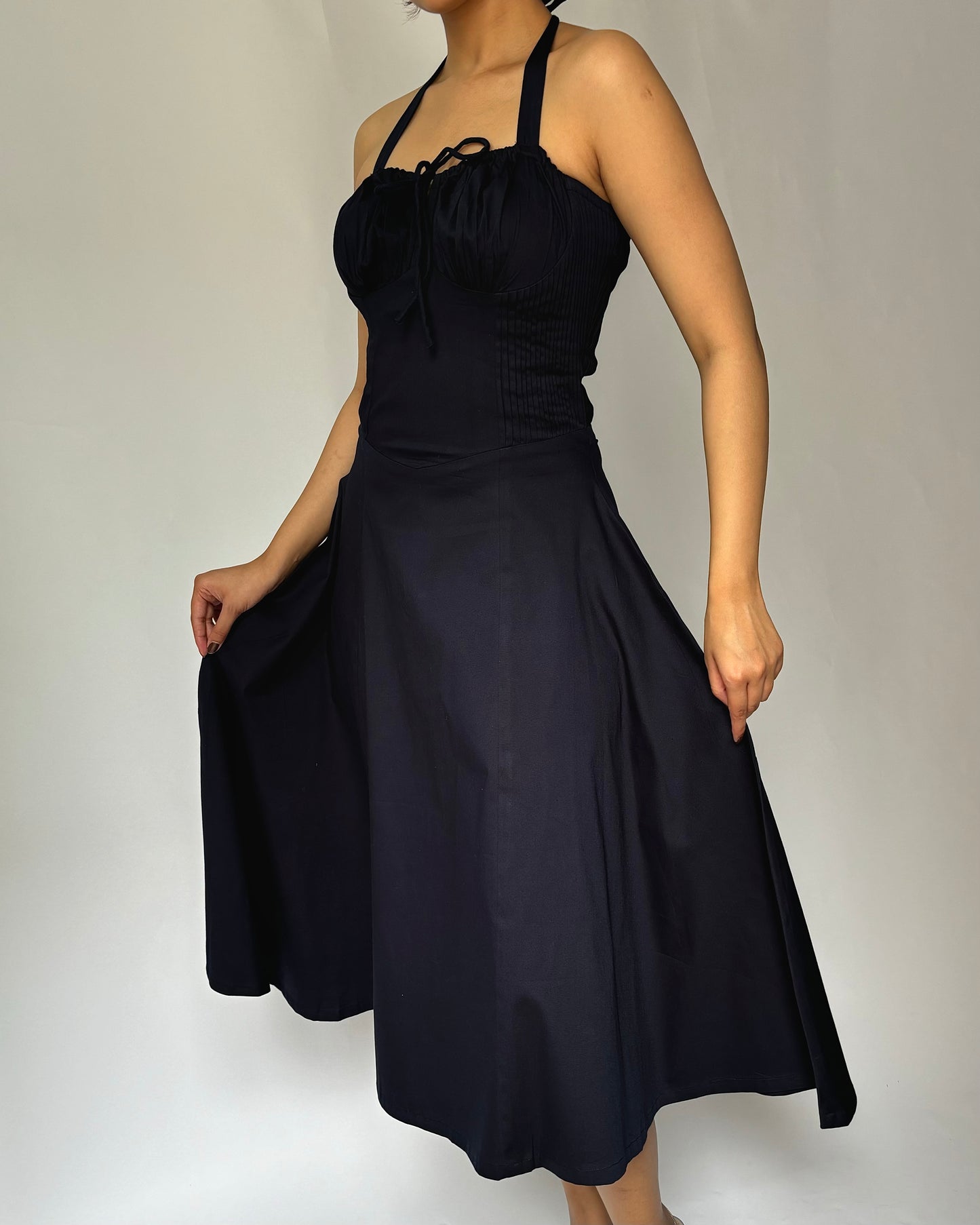 Elara French Navy Halter Sundress