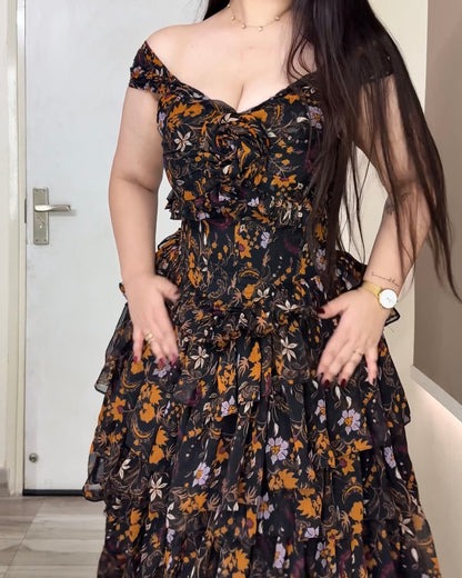 Midnight Bloom Ruffle Gown