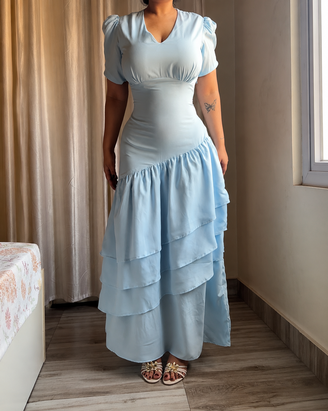 Senorita Powder Blue Ruffle Maxi Dress