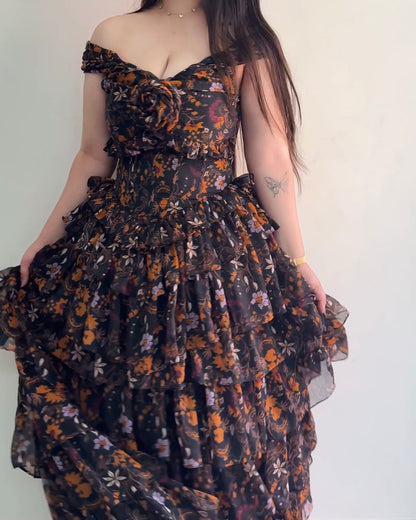 Midnight Bloom Ruffle Gown