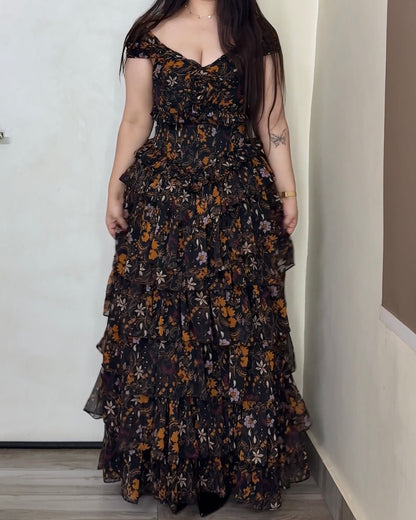 Midnight Bloom Ruffle Gown