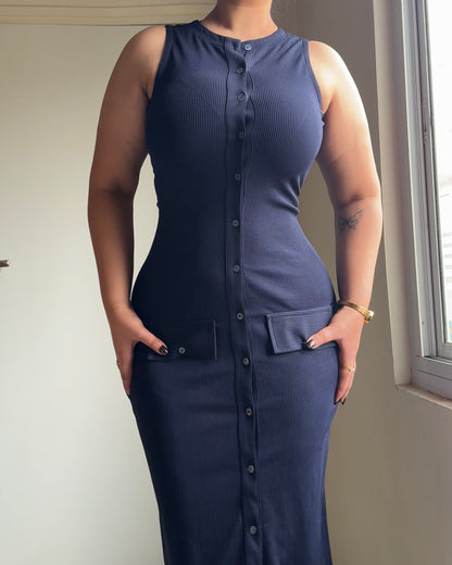 The Classic Navy Button Down Midi Dress