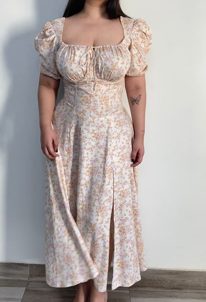 Tallulah Ivory Floral Print Puff Sleeves Midi Sundress