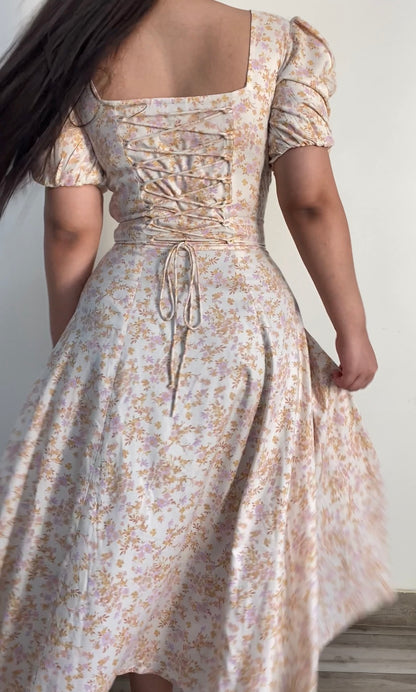 Tallulah Ivory Floral Print Puff Sleeves Midi Sundress