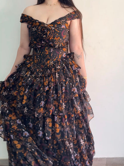 Midnight Bloom Ruffle Gown