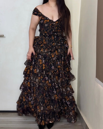 Midnight Bloom Ruffle Gown