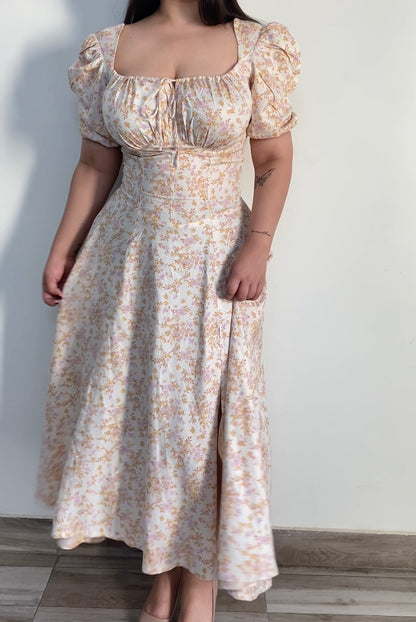 Tallulah Ivory Floral Print Puff Sleeves Midi Sundress