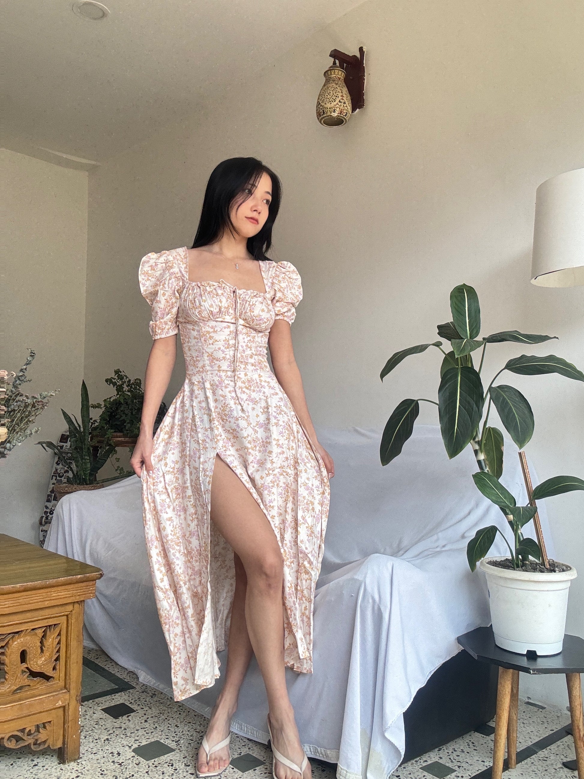 Tallulah Ivory Floral Print Puff Sleeves Midi Sundress XXS Slit