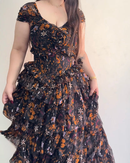 Midnight Bloom Ruffle Gown