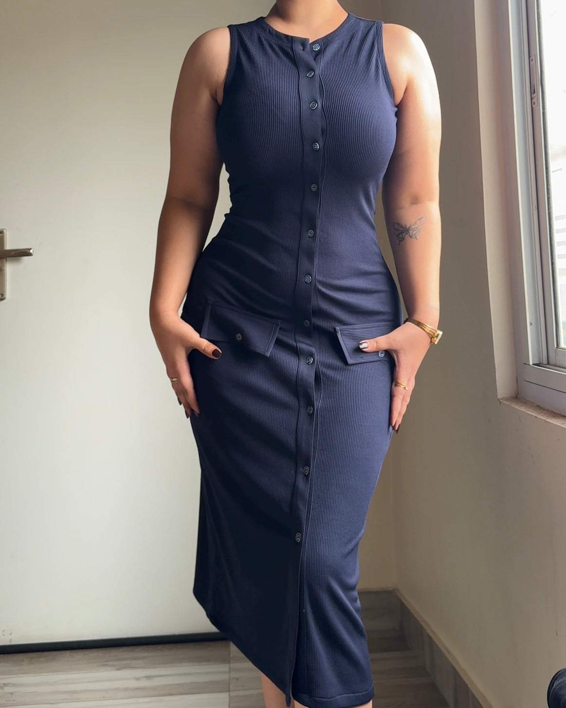 The Classic Navy Button Down Midi Dress