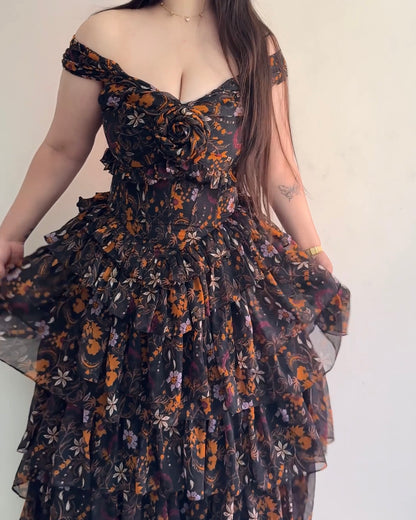 Midnight Bloom Ruffle Gown