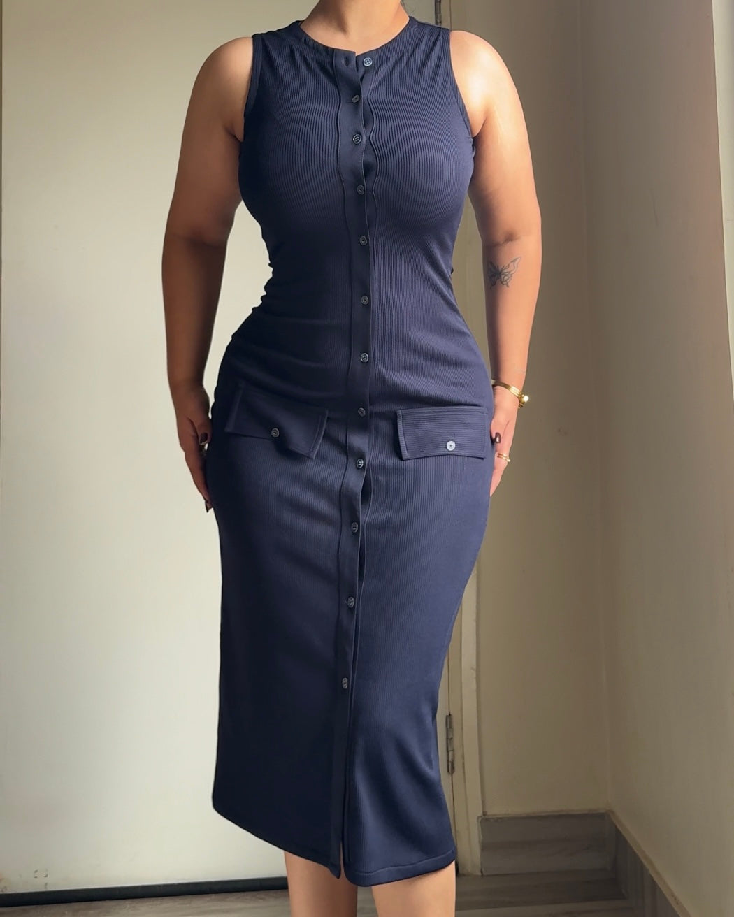 The Classic Navy Button Down Midi Dress