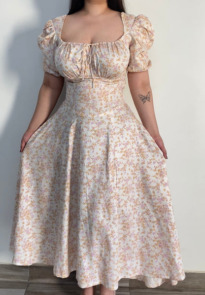 Tallulah Ivory Floral Print Puff Sleeves Midi Sundress
