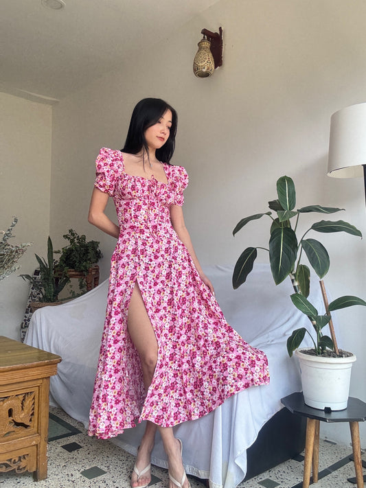 Tallulah Pink Floral Print Puff Sleeves Midi Sundress