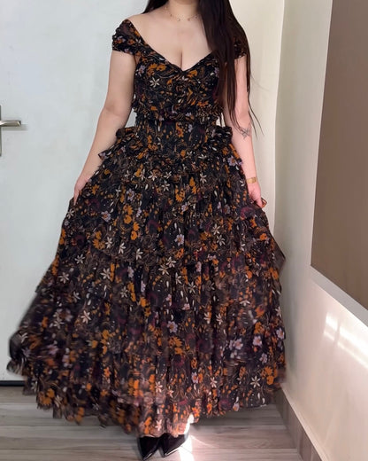 Midnight Bloom Ruffle Gown