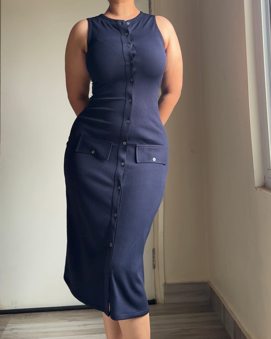The Classic Navy Button Down Midi Dress