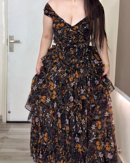 Midnight Bloom Ruffle Gown