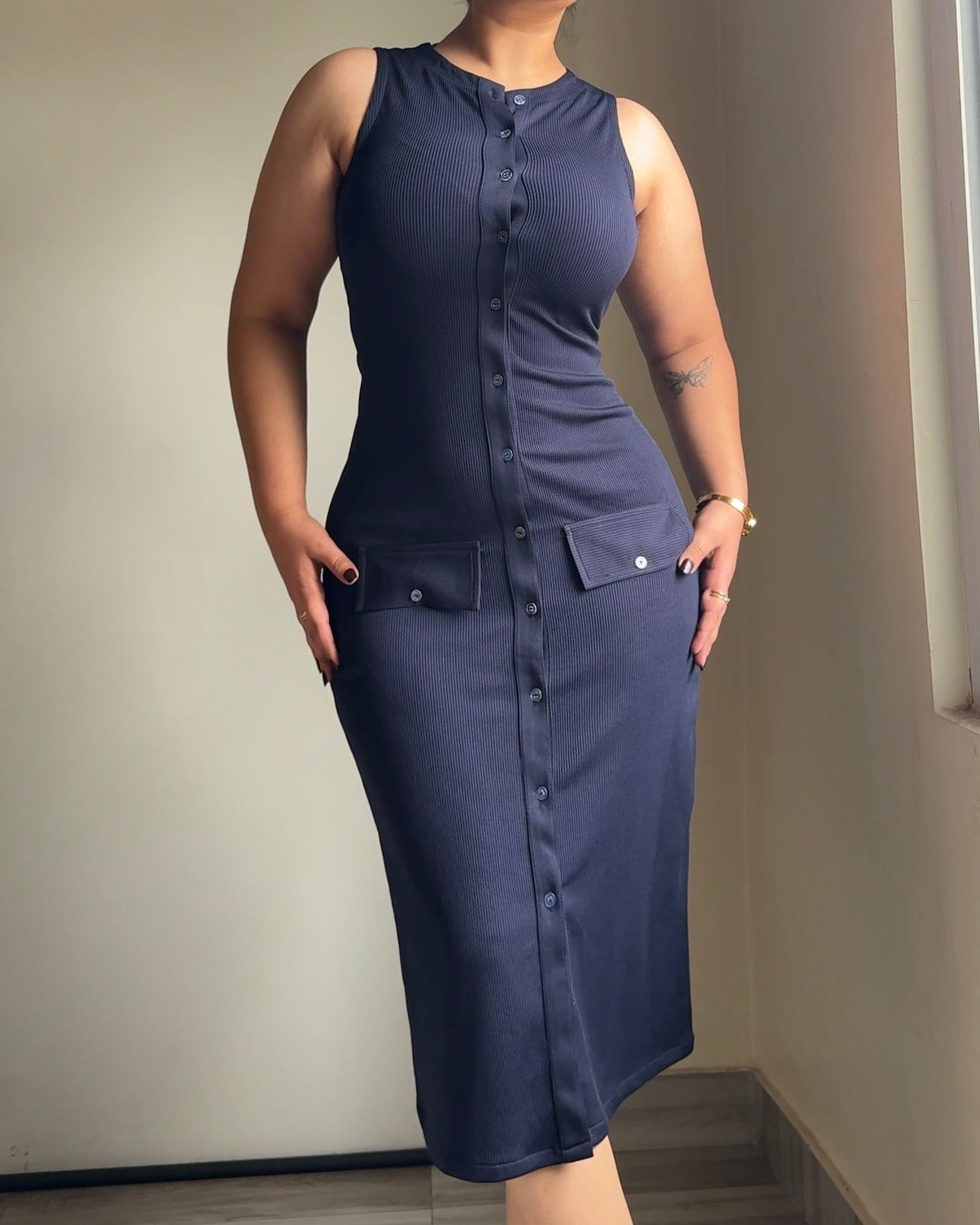 The Classic Navy Button Down Midi Dress