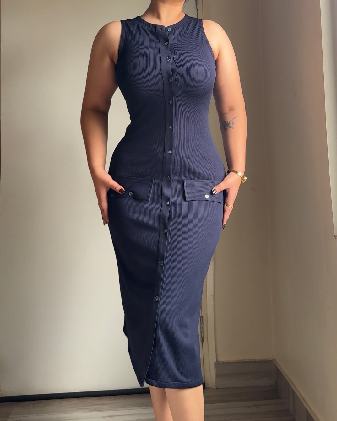 The Classic Navy Button Down Midi Dress
