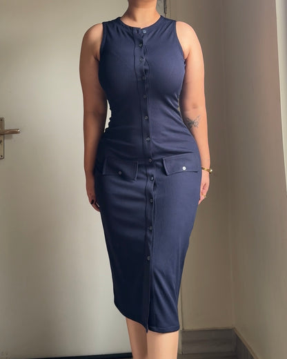 The Classic Navy Button Down Midi Dress