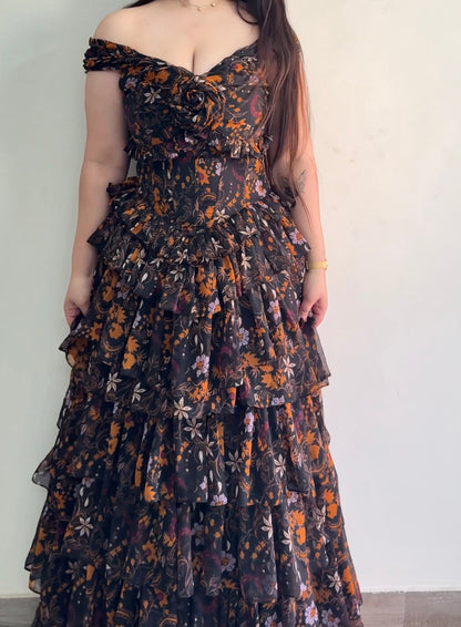 Midnight Bloom Ruffle Gown