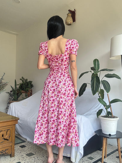 Tallulah Pink Floral Print Puff Sleeves Midi Sundress