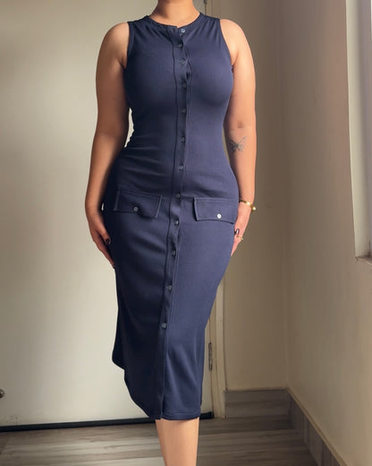 The Classic Navy Button Down Midi Dress