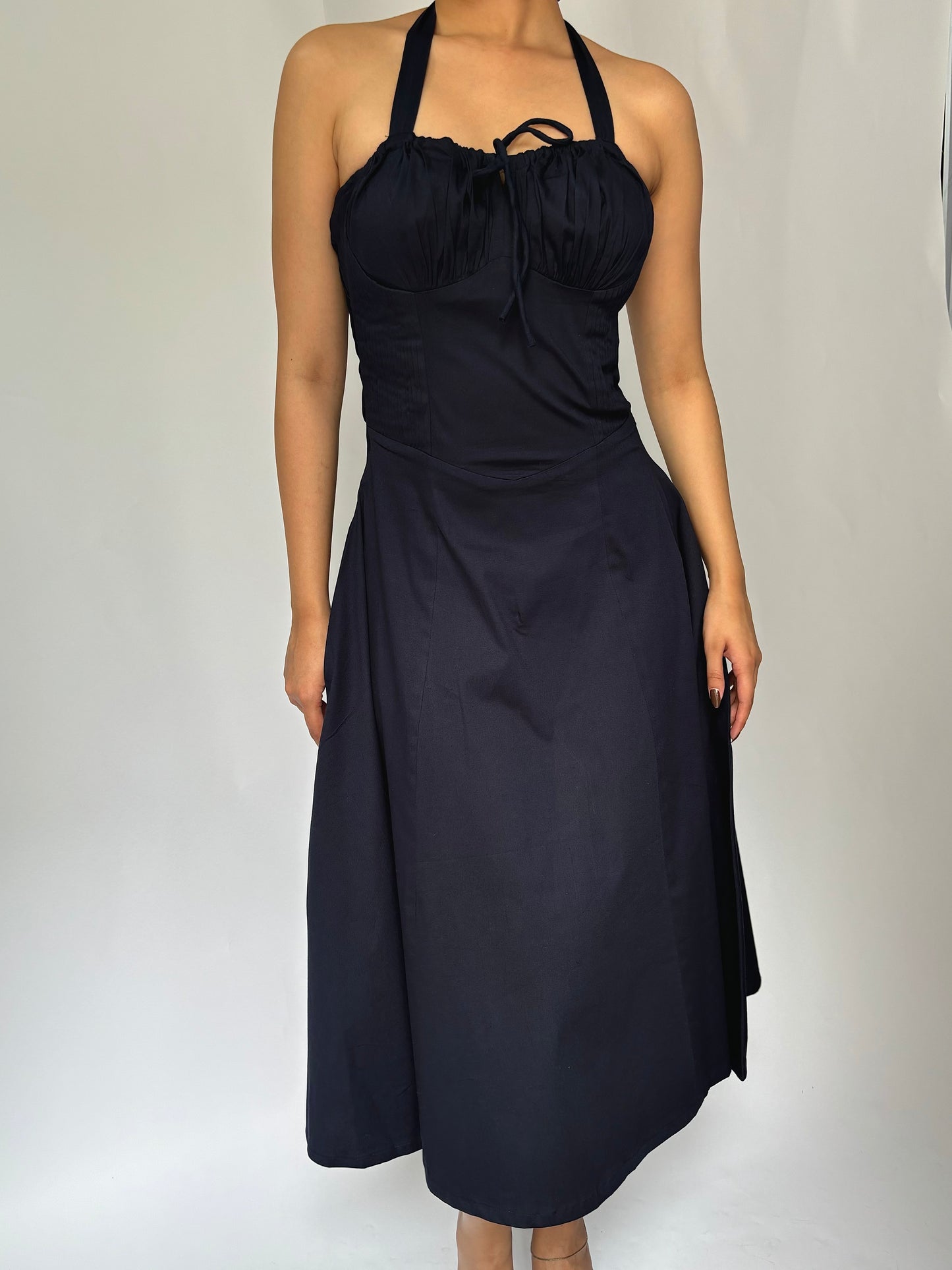 Elara French Navy Halter Sundress