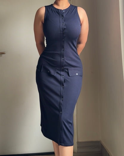 The Classic Navy Button Down Midi Dress