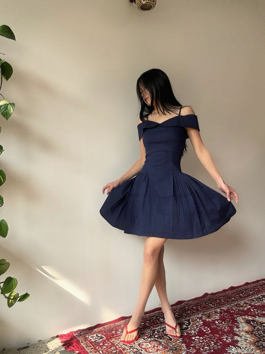 Elida French Navy Off Shoulder Mini Dress